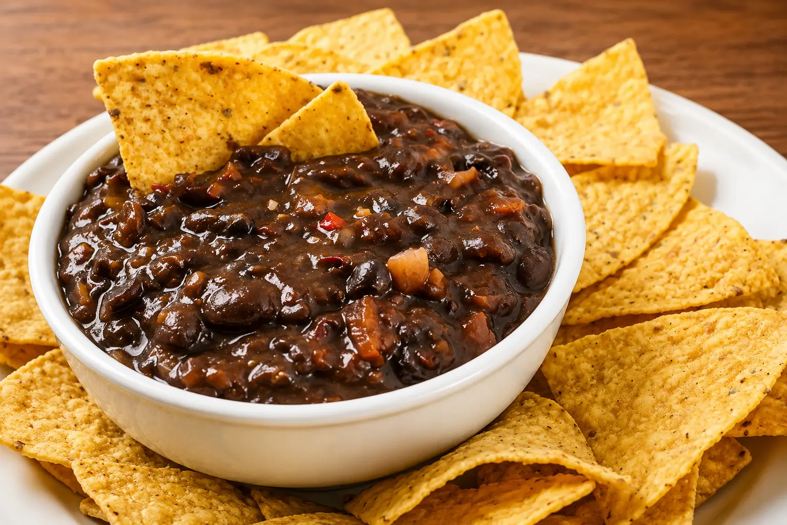 Totopos tortilla chips with beans and homemade salsa at La Taqueria Mexican Street Tacos &mdash; Mexican food for pickup or delivery in Minto, Winnipeg, MB